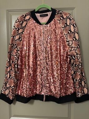 Sequin & Snake-Print Bomber Jacket - Pink